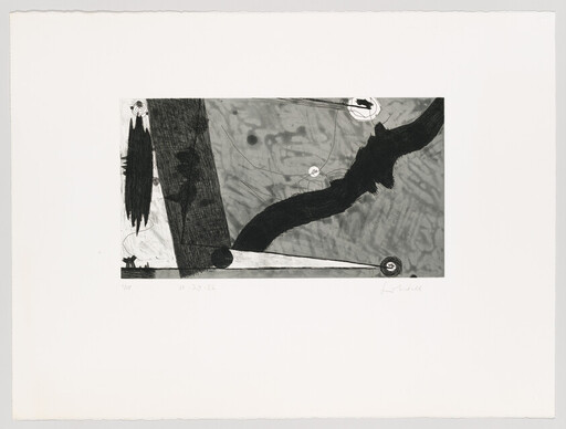 Abstract black-and-white print with a thick curved black form crossing a textured gray background.