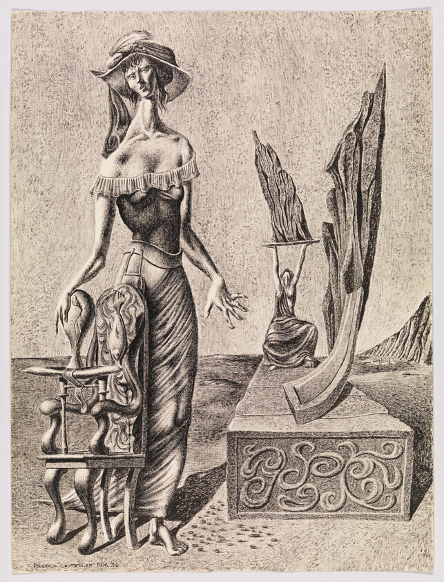 A tall, slender woman in a hat stands beside an ornate chair and abstract sculpture on a pedestal.