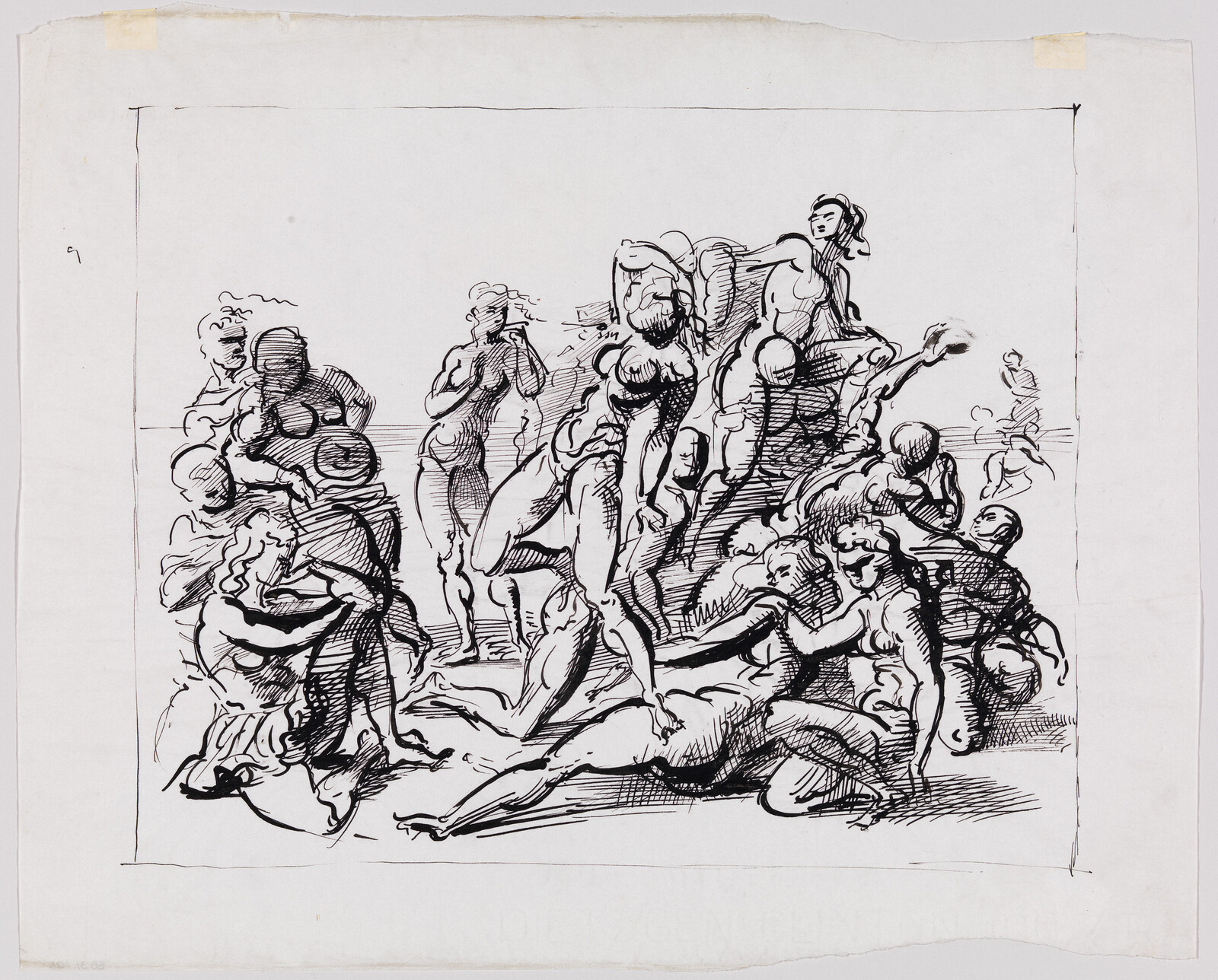 A crowded ink drawing of many nude figures entwined and reclining in dynamic poses.