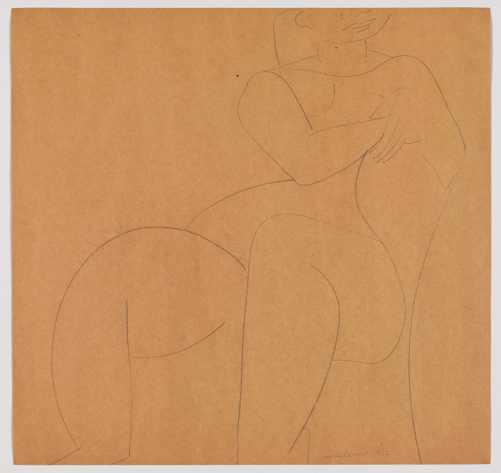 A minimalist pencil drawing of a seated nude woman with crossed arms on brown paper.