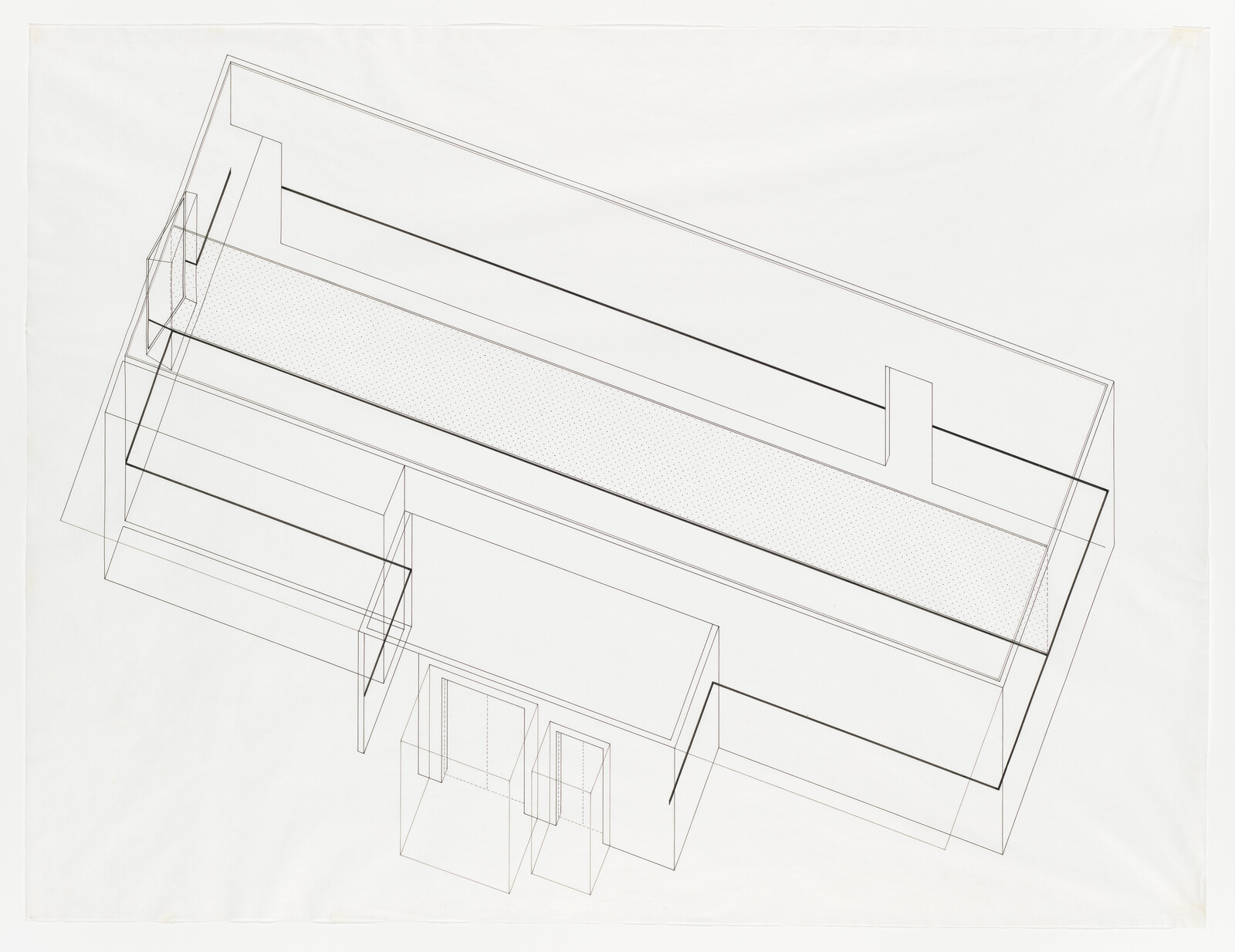 Transparent architectural wireframe shows a rectangular building with a long central dotted corridor and entrance.
