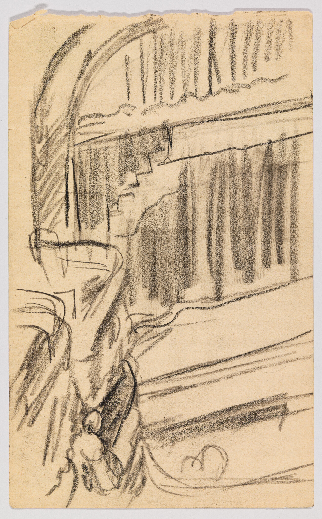 Woman seated in a chair looking out a tall window with heavy curtains.