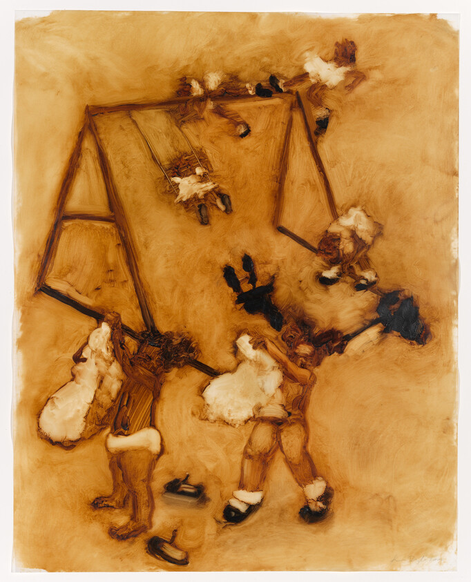 Children play on swings while adults push and watch in a soft sepia-toned scene.