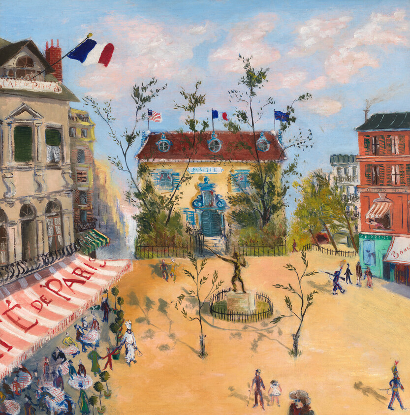 Town square with people walking, trees, a central statue, and a building flying French flags.