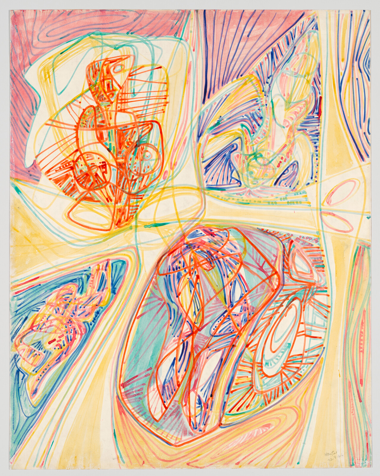 Colorful abstract composition with overlapping rounded shapes, energetic multicolored lines, and swirling patterns.