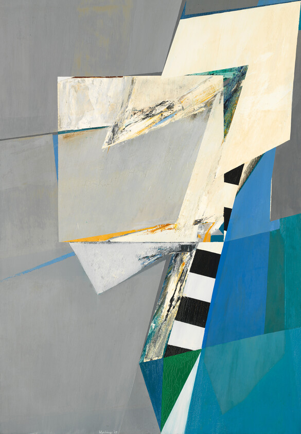 Overlapping angular geometric shapes in gray, blue, white, and black-and-white stripes.