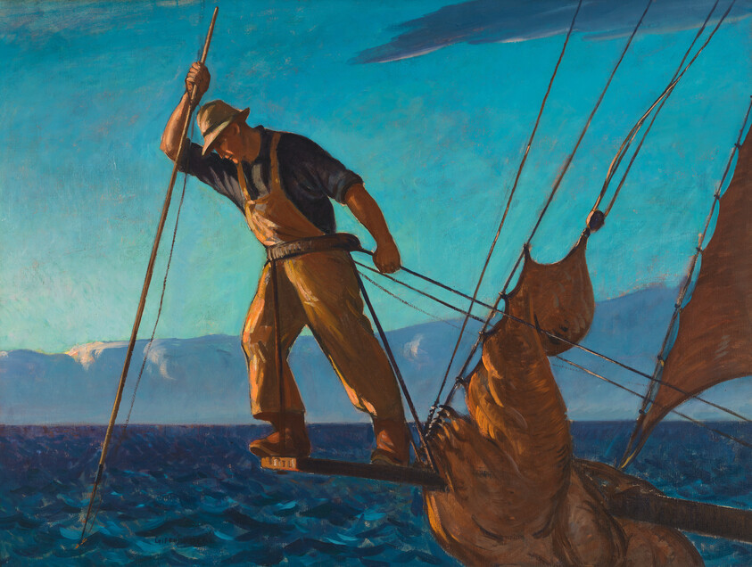 A sailor in oilskins balances on a ship's bowsprit while adjusting ropes and sails.