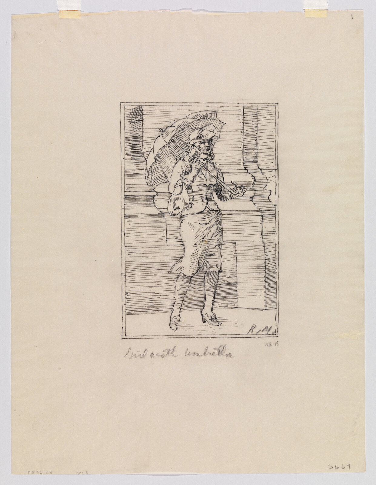 A woman in a dress holds an umbrella and a flower while standing by a stone column.