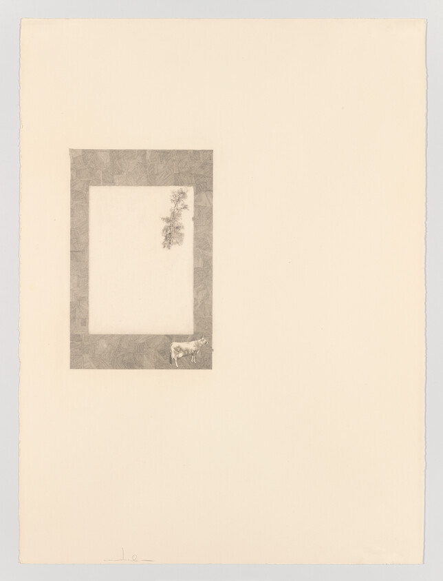 A large blank page with a small framed rectangle showing a hanging branch and a cow.