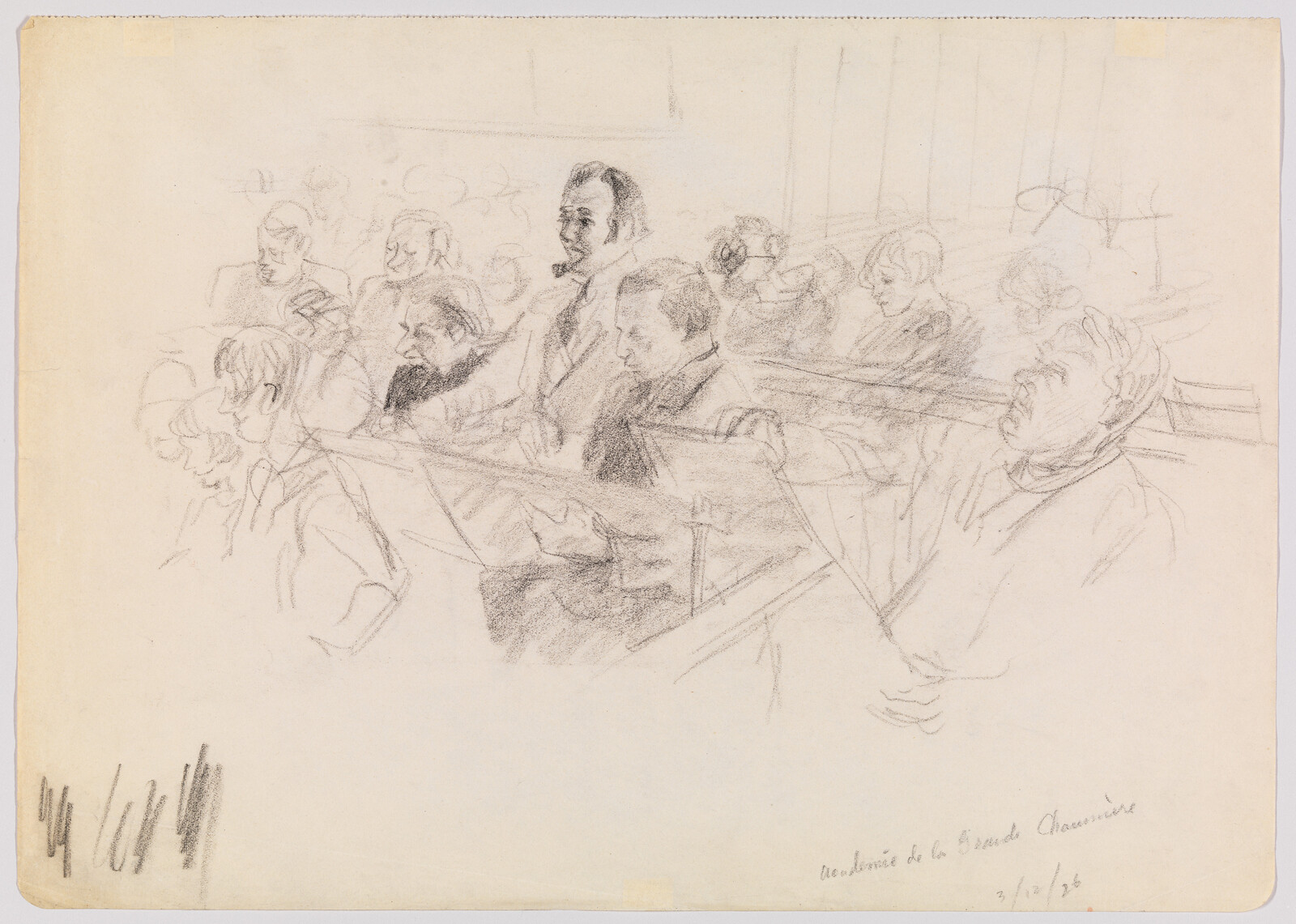 Pencil sketch of people seated in rows reading music and listening in a rehearsal.
