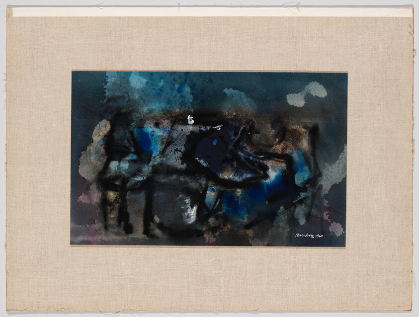 Abstract dark blue and black watercolor with bright blue highlights mounted on a beige canvas mat.