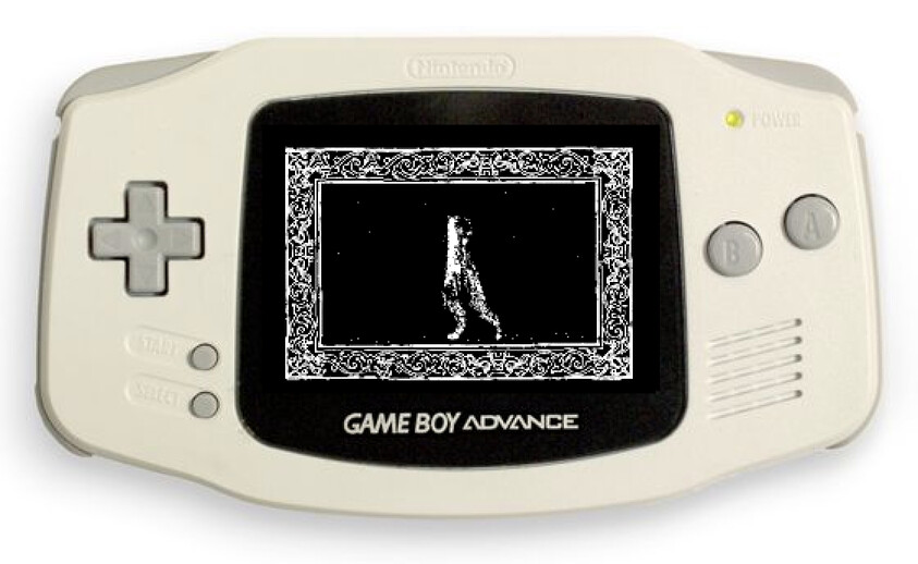 Game Boy Advance displaying a pixelated, monochrome image of a figure within an ornate frame on its screen.