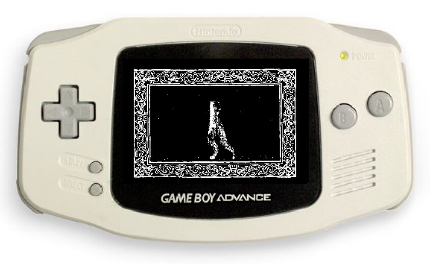 A white Game Boy Advance shows a black-and-white screen with a walking pixel figure in a decorative frame.