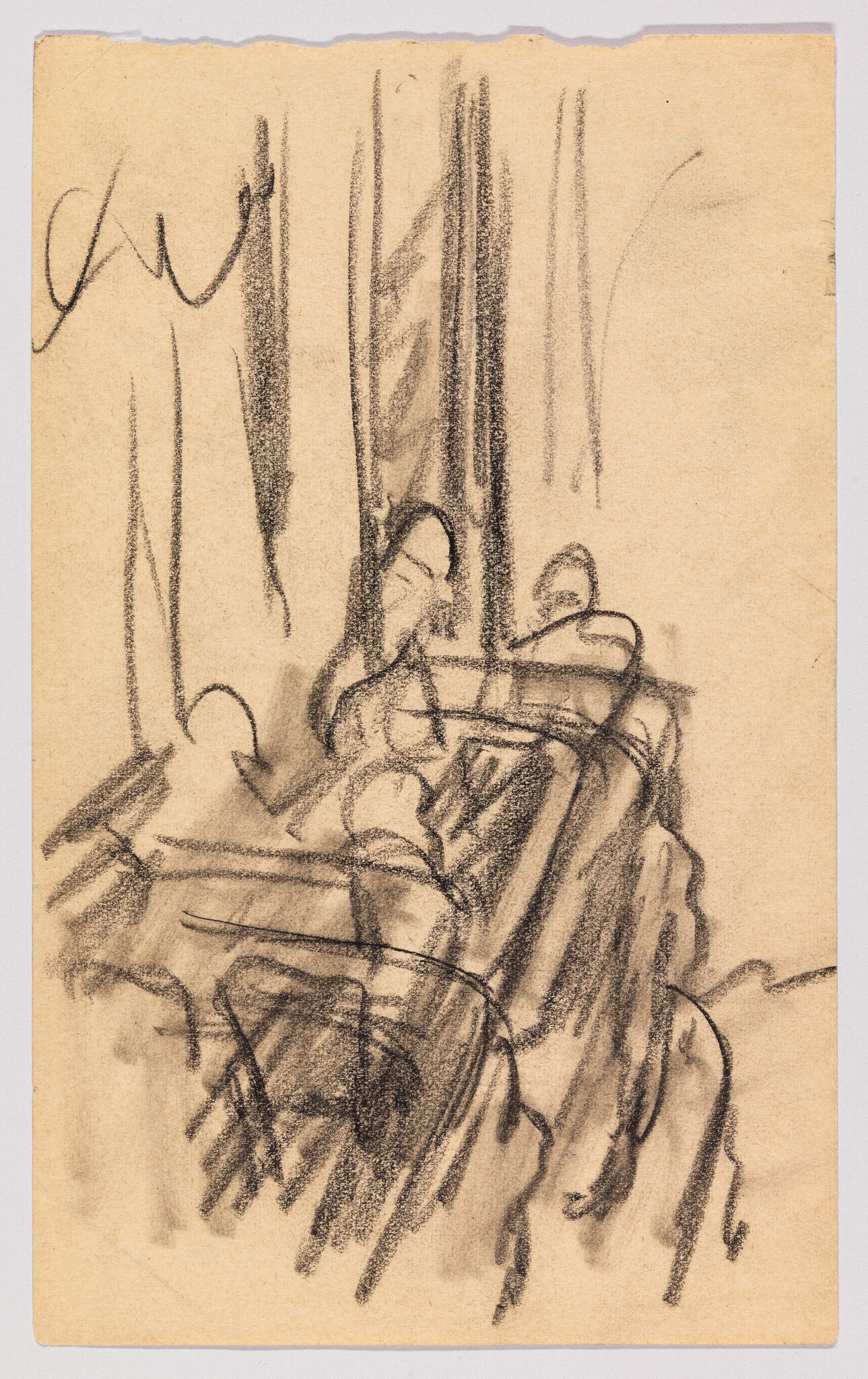 Three seated figures sketched in charcoal on a couch beside a tall window.