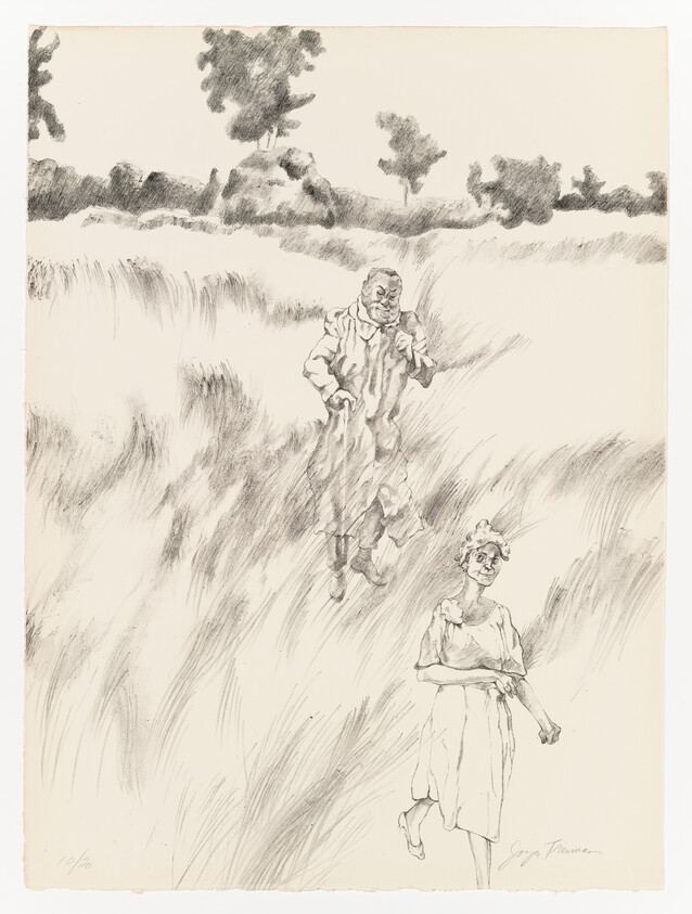 A pencil sketch depicting a rural scene with two figures: a smiling woman in the foreground, dressed in early 20th-century attire, and a man in the background, who appears to be running towards her. The landscape includes tall grasses and trees, suggesting an open field or meadow. The artist's signature is visible at the bottom right.
