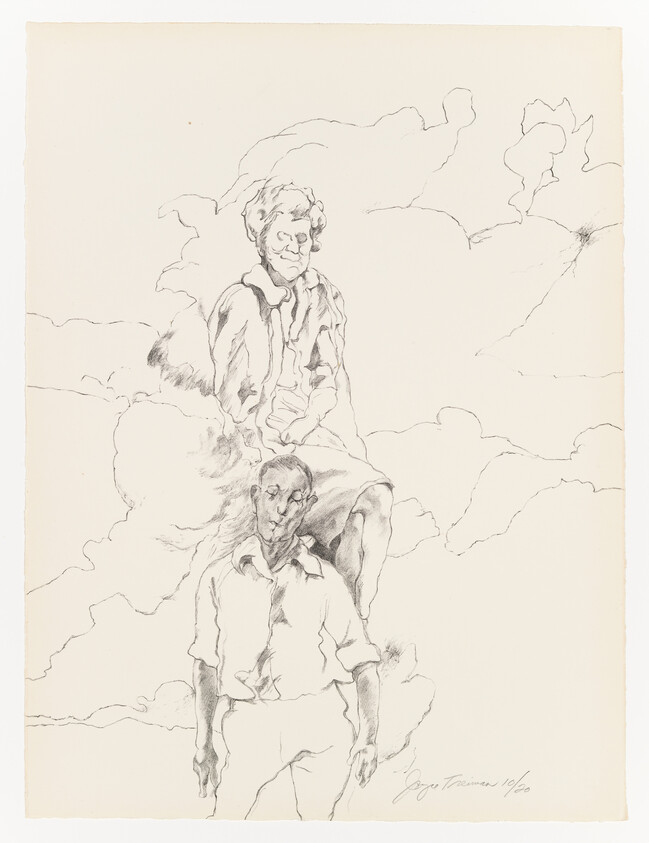 A pencil sketch on paper depicting two male figures, one seated on a cloud above the other who stands with a contemplative expression. The drawing is signed and dated by the artist. The background consists of sketched clouds, giving the impression of a dreamlike or ethereal setting.