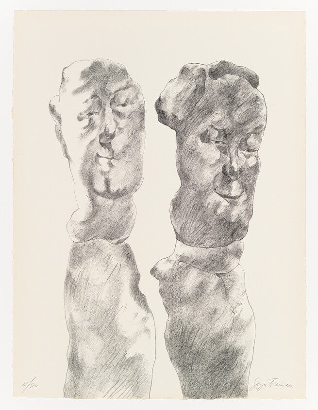 Pencil drawing of two abstract human figures side by side with exaggerated and distorted facial features, signed by the artist in the lower right corner.