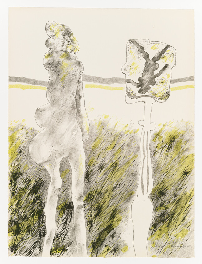 Illustration of a stylized female figure standing next to an abstract, melting popsicle-like shape, both set against a sketchy, grassy landscape with a simple horizon line. The image has a limited color palette, primarily in shades of yellow, black, and gray.