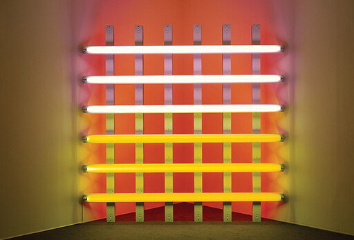 Fluorescent tubes arranged horizontally on a wall with alternating white and yellow lights.