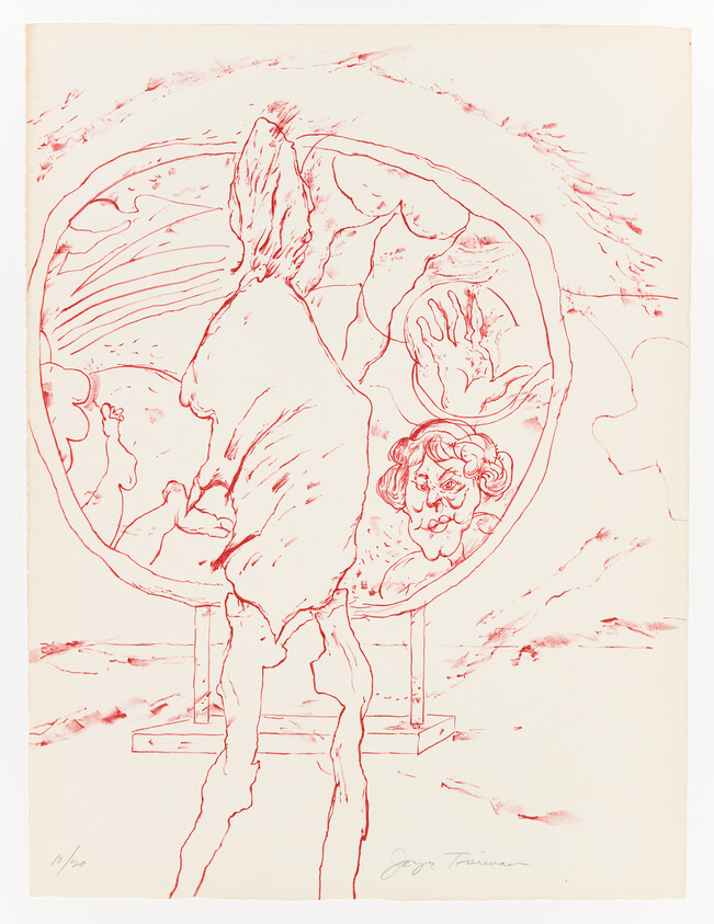 A monochromatic artwork featuring a stylized figure with its back turned, framed within an oval shape. The figure appears to be gazing at a landscape with abstract elements, including a hand and a face within the frame. The image is rendered in red lines on a pale background, and there is a signature at the bottom right corner.