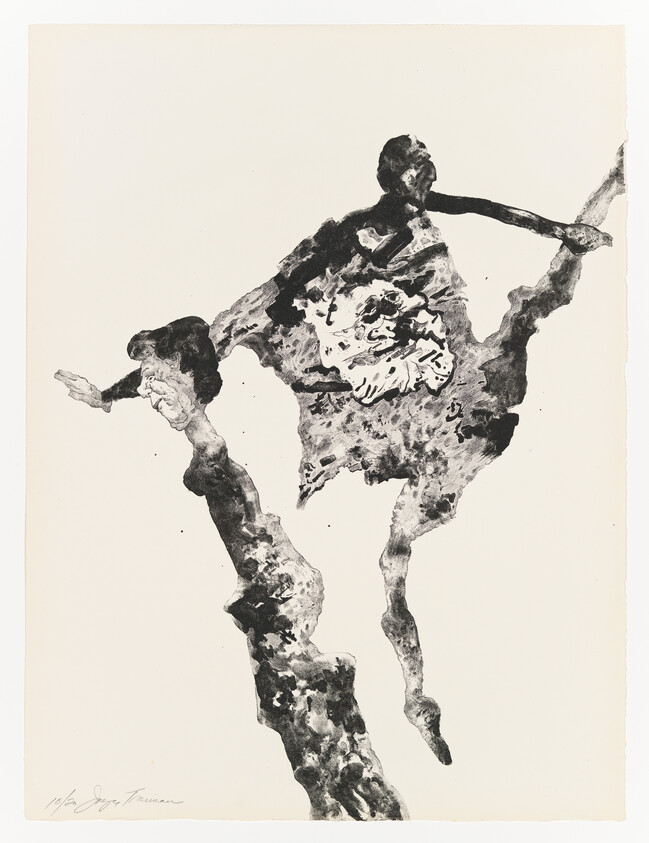 An abstract black and white inkblot artwork depicting a figure that appears to be dancing or in motion, with elongated limbs and a dynamic pose. The image is signed and numbered by the artist in the lower left corner.