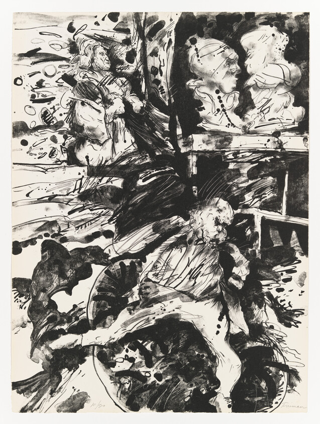 Chaotic black ink drawing of several human figures and sculpted busts, with a reclining man in center.