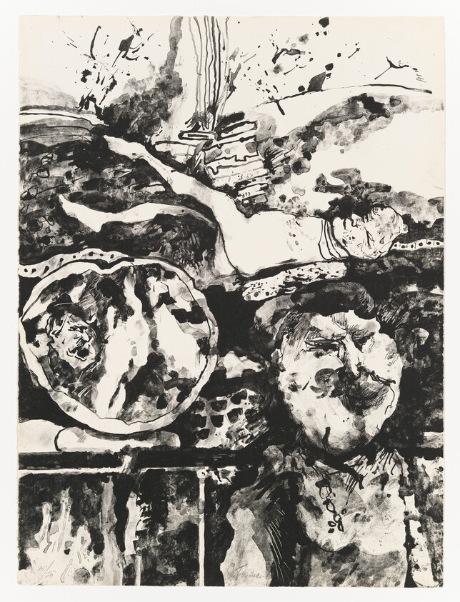 A black and white ink drawing depicting an abstract and expressive scene with various forms and textures. The artwork features bold brush strokes and splatters, creating a dynamic and somewhat chaotic composition. There are elements that suggest figures or faces, but they are heavily stylized and open to interpretation. The artist's signature is visible at the bottom right corner.