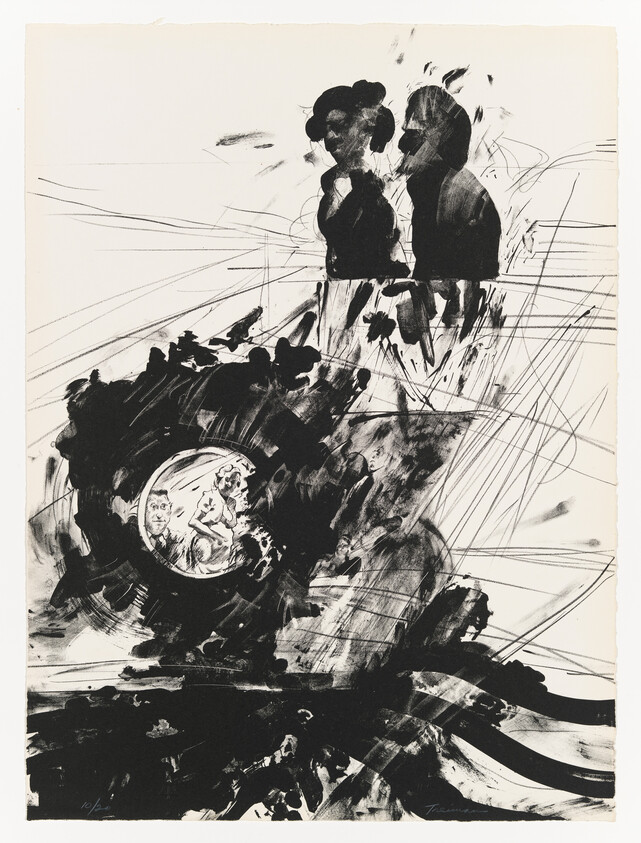 Two dark silhouettes stand above a swirling black mass with a round inset showing faces and a child.