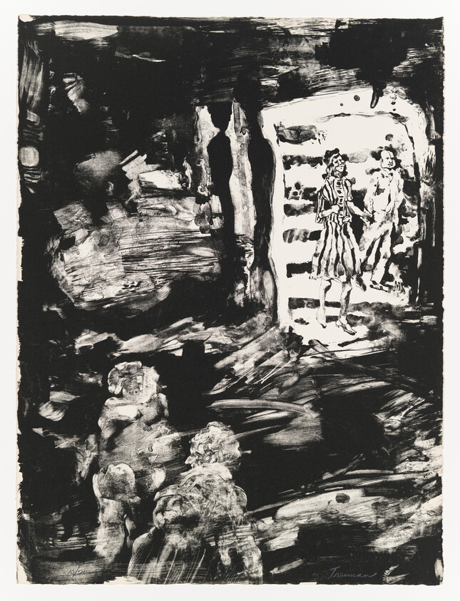 Two striped-dressed figures stand in a bright doorway while three onlookers watch from the dark foreground.