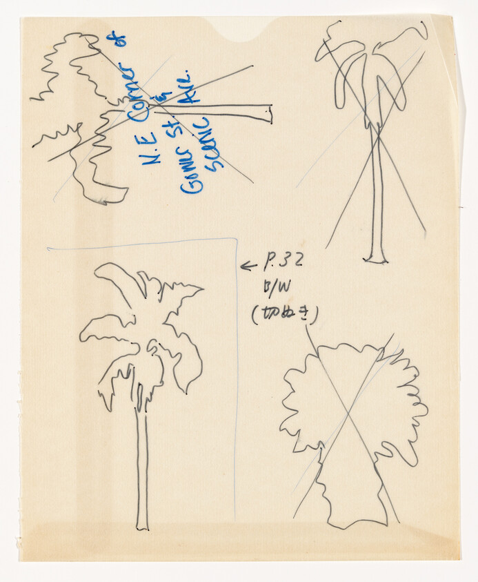 Several hand-drawn palm tree sketches with notes, some designs crossed out and labeled P.32.