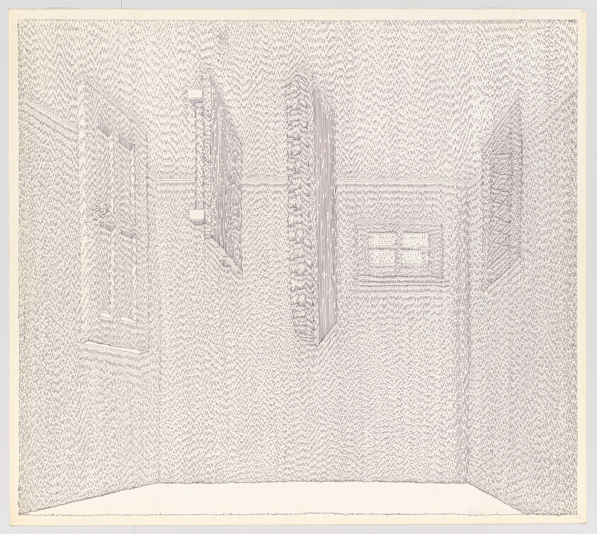 Detailed pen-and-ink drawing of an ornate room with intricate patterns on the walls, ceiling, and floor. The room features a large, central chandelier, two wall sconces, and two framed artworks on the left wall. There are two open doorways, one on the left and one on the right, and a set of double doors at the far end of the room. The perspective is drawn in such a way that the room appears to be an inverted space, with the chandelier hanging from the floor rather than the ceiling.