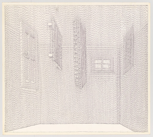 Empty rectangular room with textured walls and three recessed windows seen in perspective.