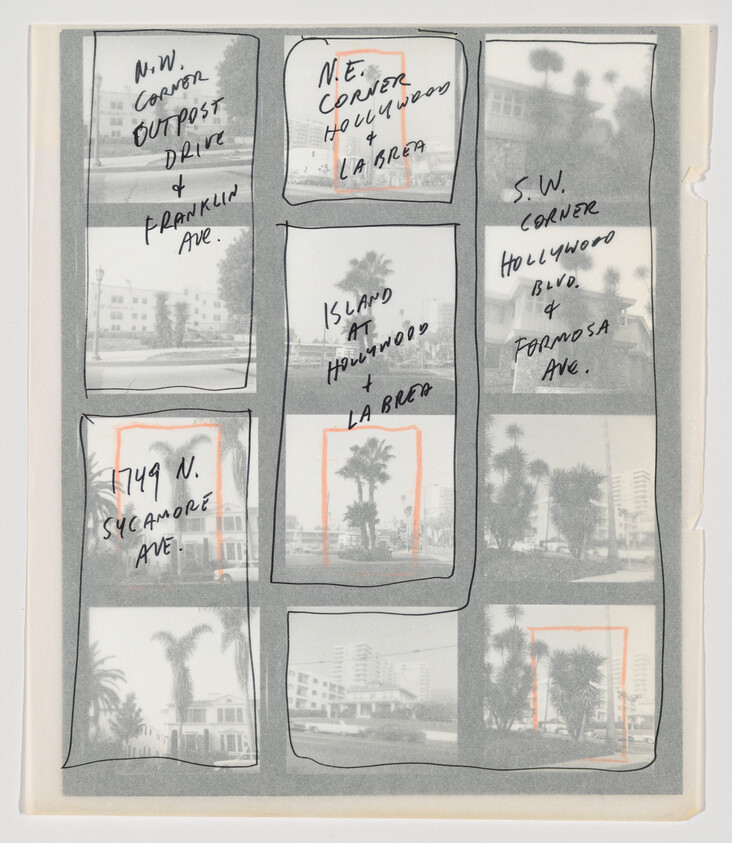 Annotated contact sheet showing small photos of Hollywood street corners and handwritten location notes.