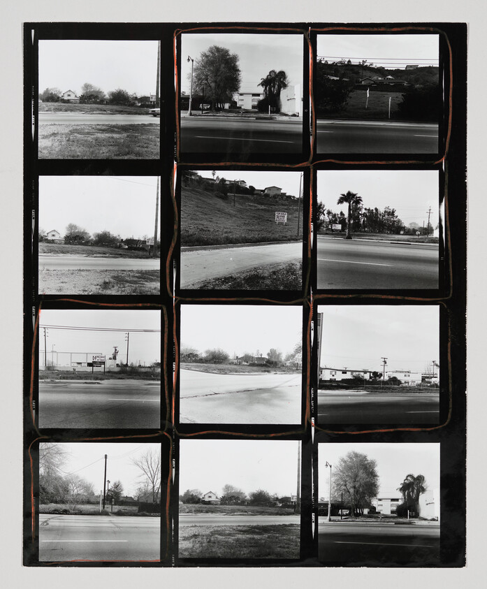 Contact sheet showing twelve black-and-white street and roadside scenes with houses and trees.