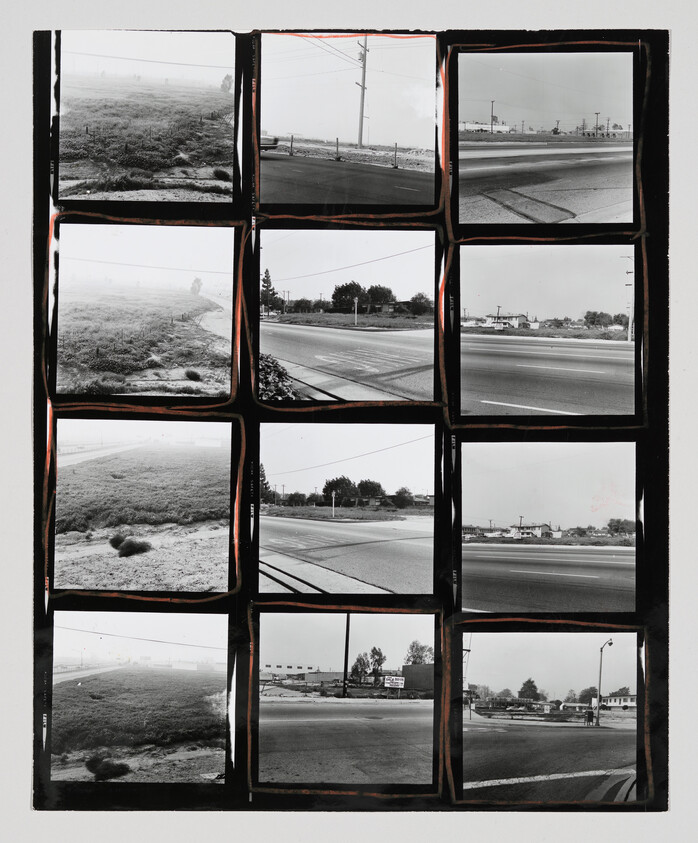 Contact sheet of twelve black-and-white photos showing roads, intersections, and vacant roadside landscapes.