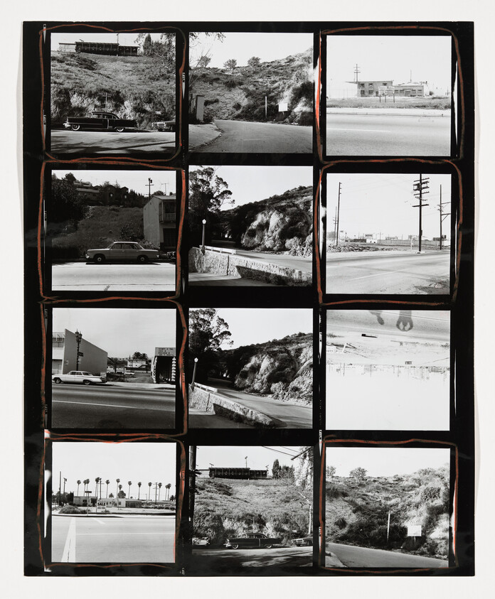 Black-and-white contact sheet showing roadside and hillside scenes with cars, utility poles, and buildings.