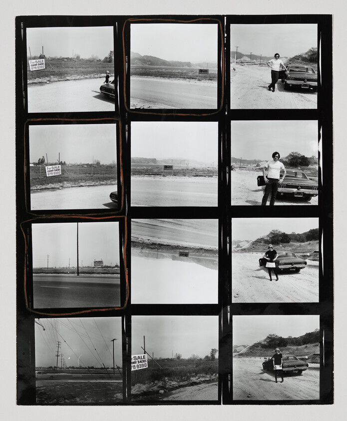 Contact sheet with a man posing by a car near vacant land and "For Sale" signs.