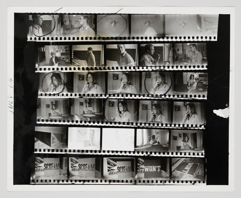 Contact sheet showing black-and-white portrait frames of a man and a woman, some smoking and circled.