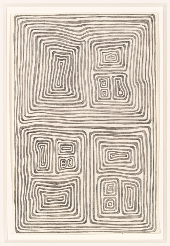 Abstract drawing of four rectangular spiral patterns created with hand-drawn concentric lines.