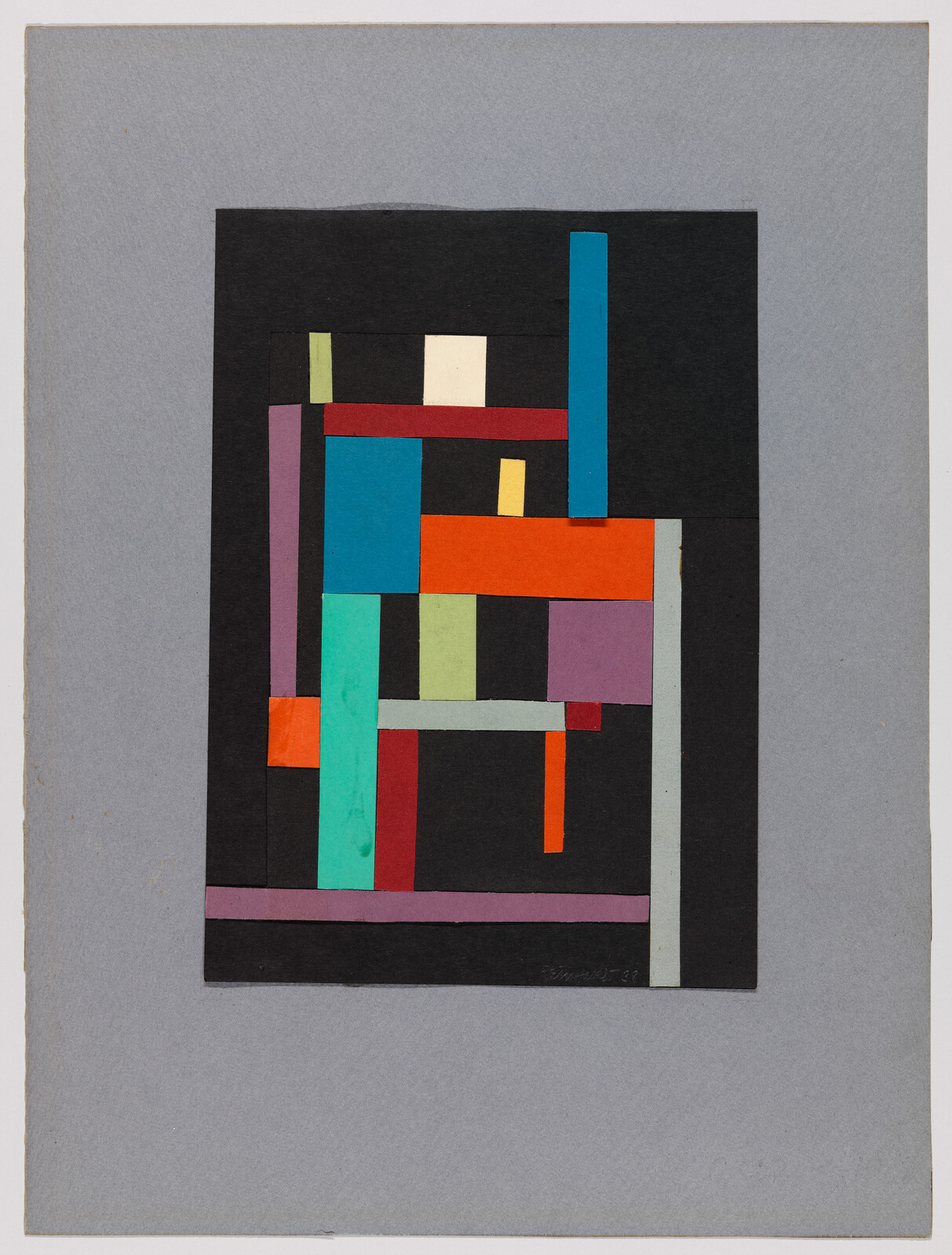 A square collage of colorful rectangles and lines arranged on a black background, mounted on gray paper.