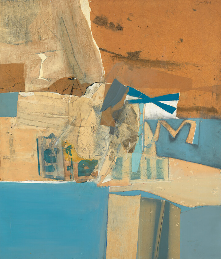 Abstract collage with torn paper in warm browns and cool blues, featuring a prominent letter M.