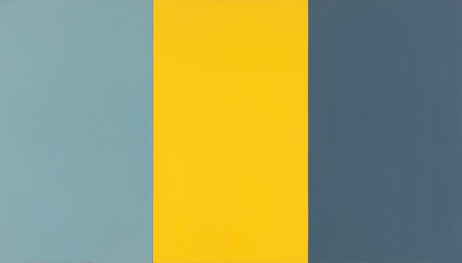 Three vertical panels show light blue on the left, bright yellow in the center, and dark blue on the right.