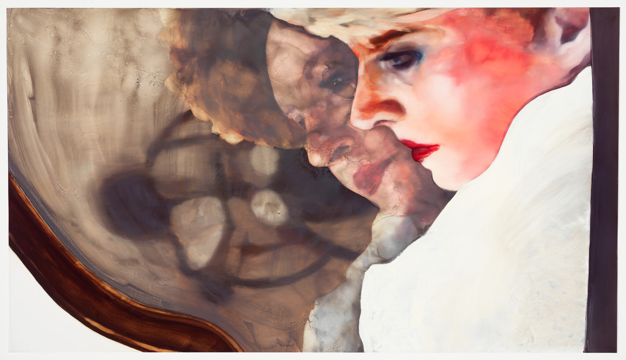 Woman with red lips gazes into a smudged mirror showing her blurred reflection.