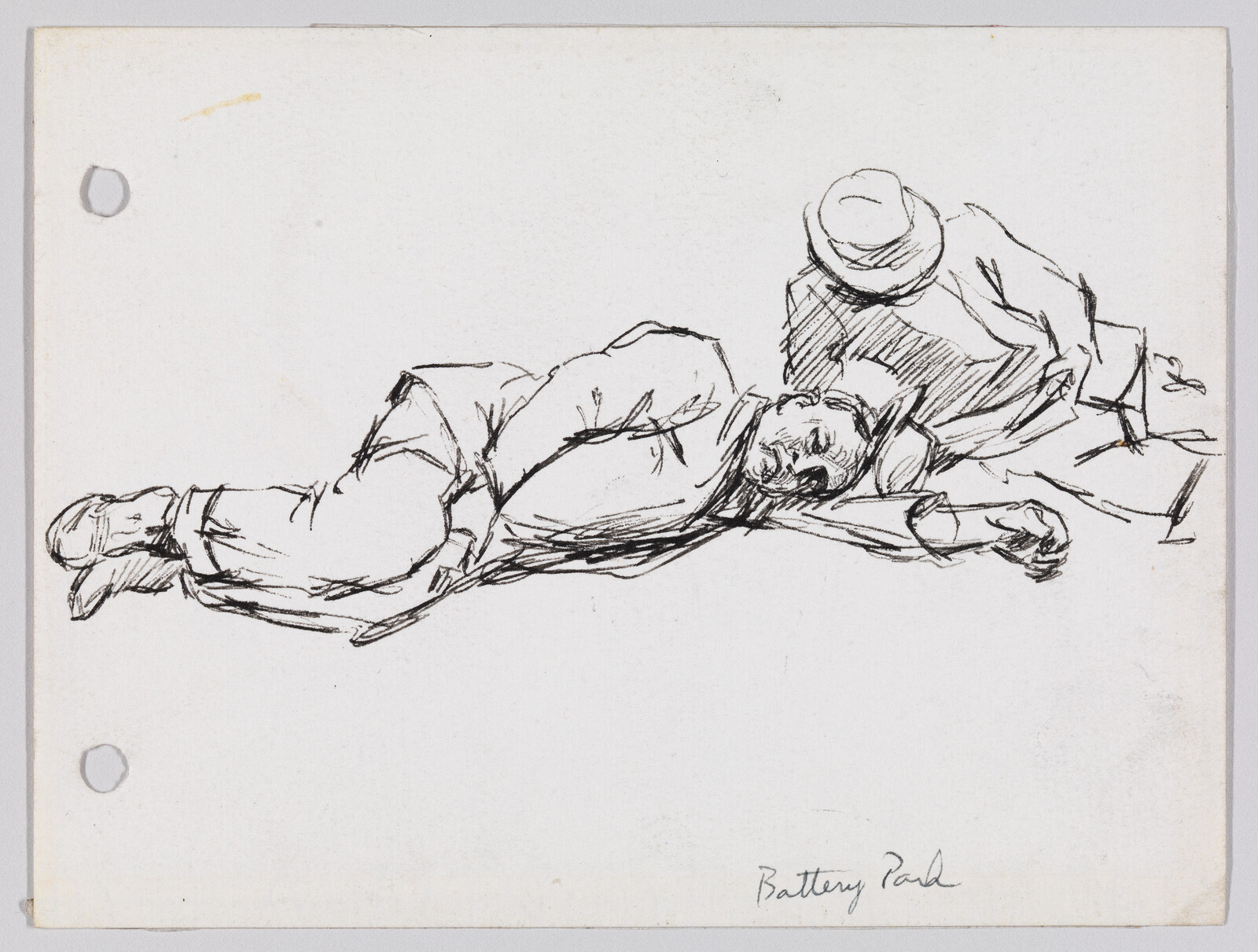 Two men lie on the ground, one resting his head on his arm and wearing a hat.
