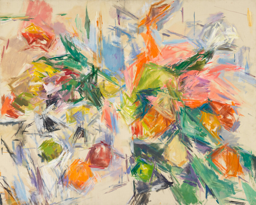 A vibrant abstract painting featuring a dynamic array of brushstrokes in various colors including red, orange, yellow, green, blue, and purple on a light beige canvas. The composition is energetic and appears to be in a state of movement, with no discernible figures or objects, allowing for open interpretation by the viewer.