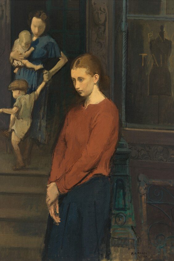 A young woman stands solemnly on a stoop while a mother carries a baby behind her.