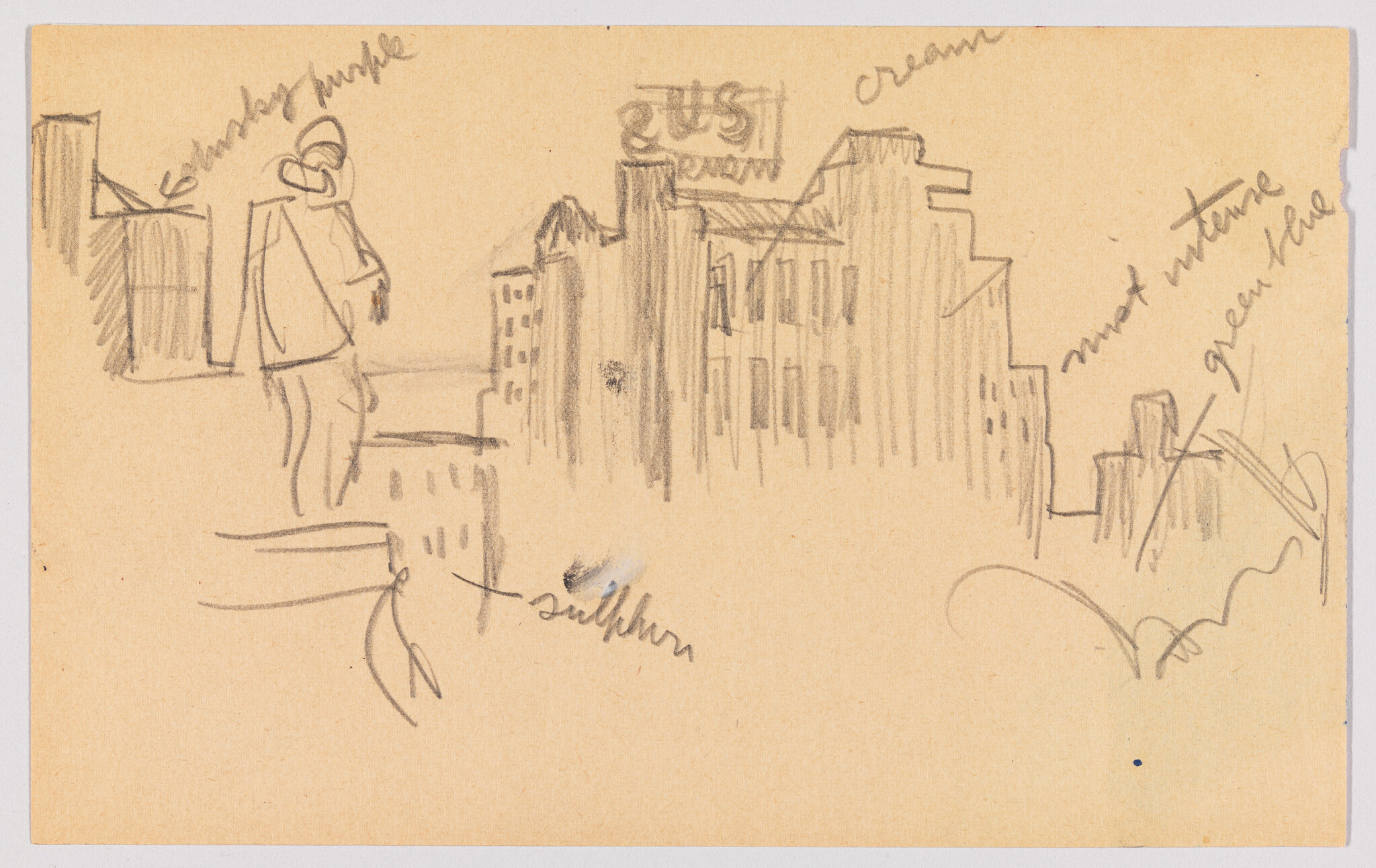 A sketch on tan paper featuring a rough outline of a cityscape with buildings and a figure standing on the left side. The drawing includes annotations and scribbles, possibly indicating color or texture notes, such as "cream" and "most intense green there." The artist's signature is visible at the bottom center.