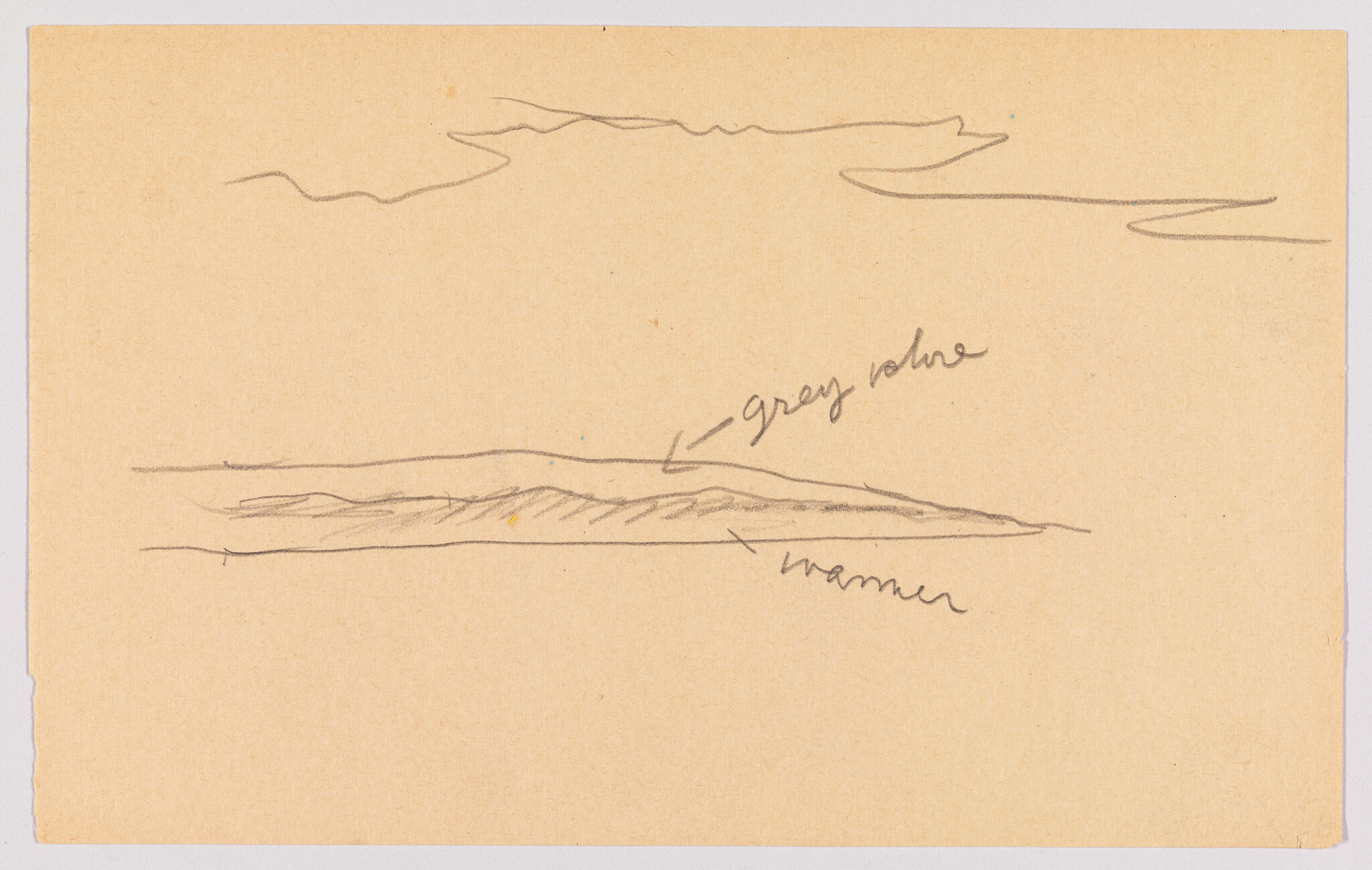 A sketch on a piece of tan paper featuring minimalistic lines suggesting a landscape. There are two horizontal lines with annotations; the top line is labeled "grey value" and the bottom "warmer." The drawing is rough and appears to be a conceptual or preparatory work.