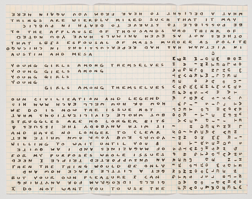 Handwritten text in grid pattern on lined paper, with some words repeated and others struck through.
