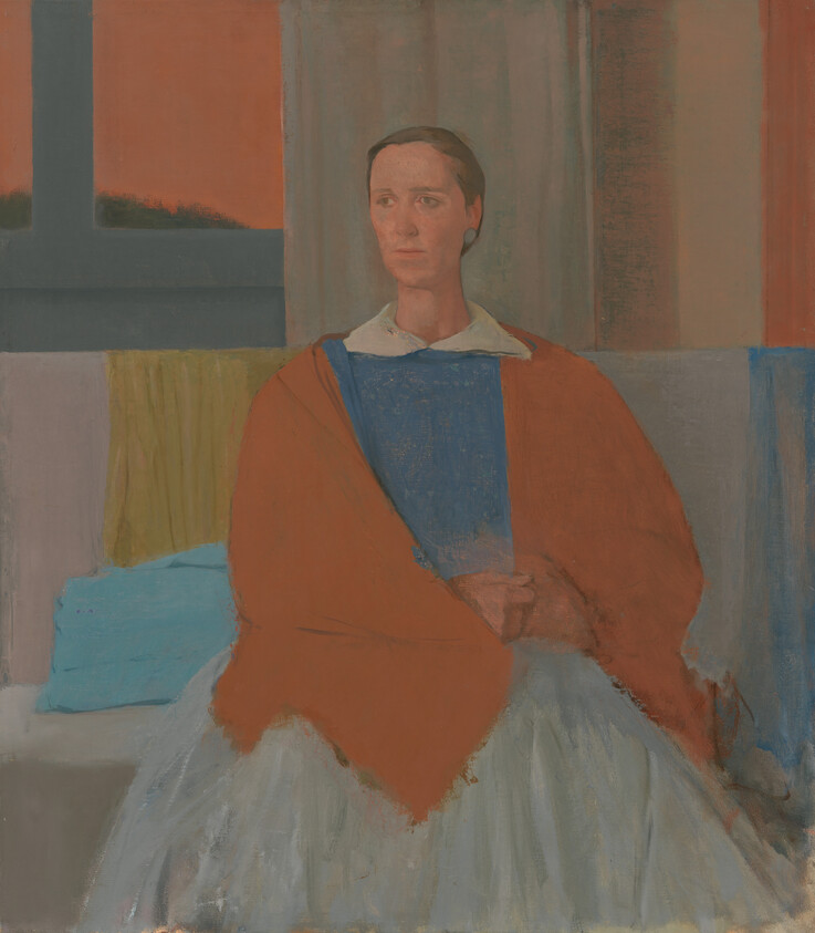 A seated woman in a red shawl and blue dress sits with clasped hands, looking sideways.